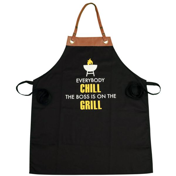 Grillschürze EVERYBODY CHILL THE BOSS IS ON THE GRILL, schwarz/weiß/orange