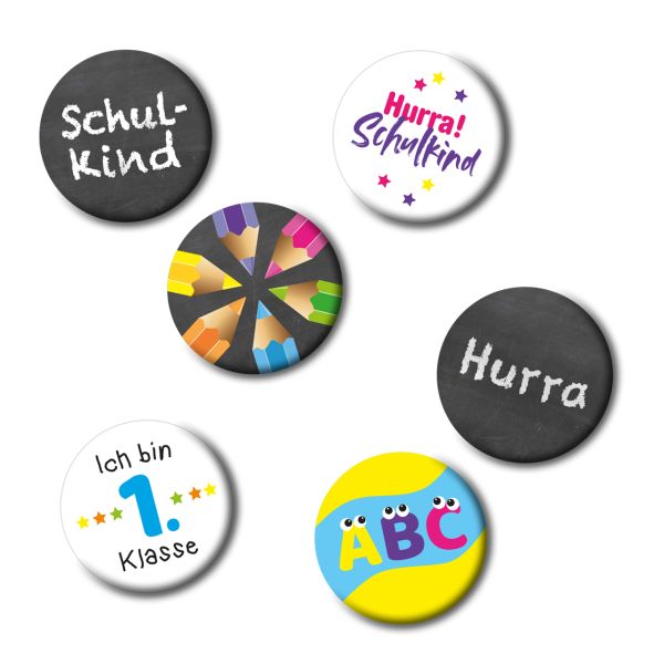 Mini Buttons Schulkind, schwarz-bunt