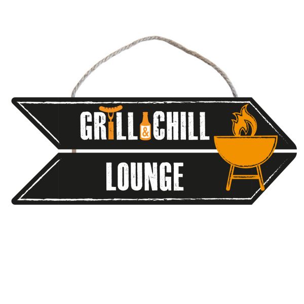 Holz-Schild GRILL & CHILL LOUNGE, schwarz/weiß/orange