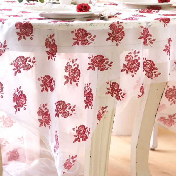 Organza Rosenblüten, rot auf weiß, beflockt