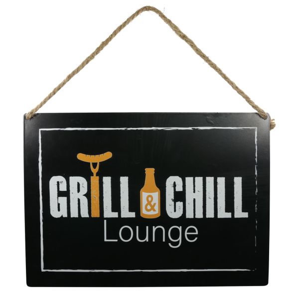 Metall-Schild GRILL & CHILL Lounge, schwarz/weiß/orange