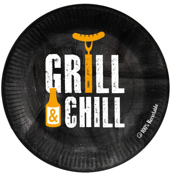 Pappteller GRILL & CHILL, schwarz/weiß/orange