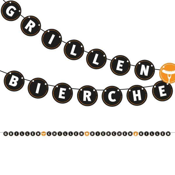 Mini-Girlande GRILLEN, CHILLEN, BIERCHEN KILLEN, schwarz/weiß/orange