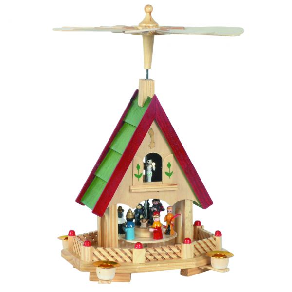 Weihnachts-Pyramide in Hausform Krippenszene, farbig