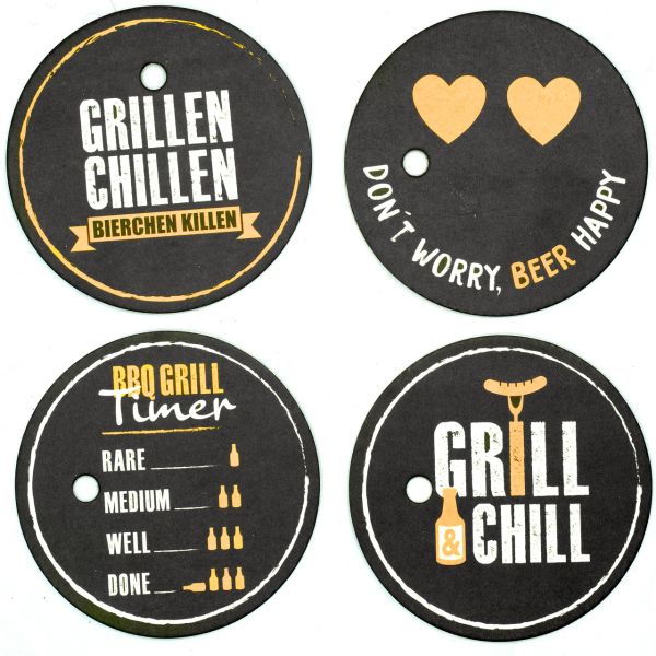 Papp-Bierdeckel und Instektenschutz GRILL & CHILL, schwarz/weiß/orange