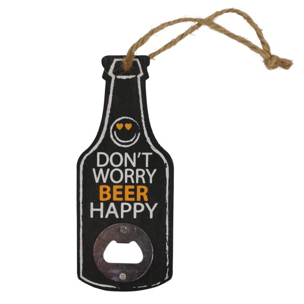 Holz-Flaschenöffner Bierflasche DON'T WORRY BEER HAPPY, schwarz/weiß/orange