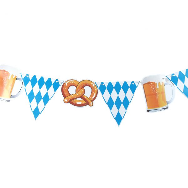 Wimpelkette Bayern Oktoberfest Brezel & Bier, weiß-blau