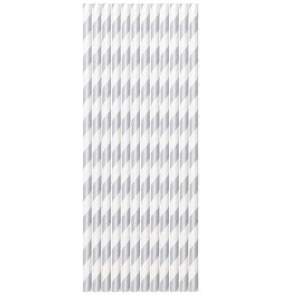 Papier Trinkhalme Ø 0,6 x 20cm, Streifen silber-weiß