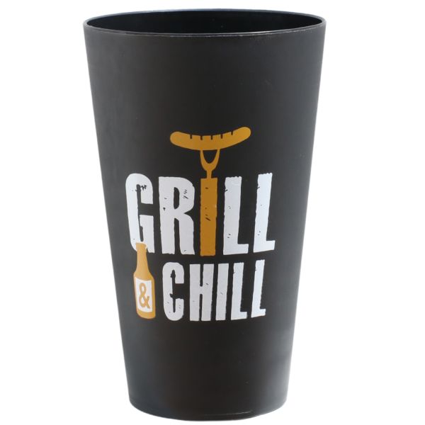 Mehrweg-Kunststoff Becher GRILL & CHILL, schwarz/weiß/orange